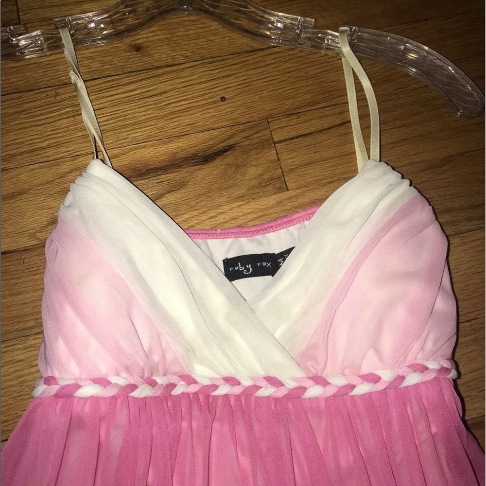Ruby Rox Pink White Layered Flowy A-line Spaghetti Tank Dress Braided Belt Sz M - Picture 3 of 5